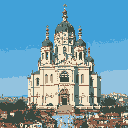 This pixel art showcases a grand cathedral with multiple domes and spires rising majestically against a bright blue sky. The intricate architecture and reflected light in the water below evoke a sense of historical grandeur and peaceful observation.