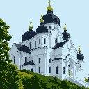This pixel art showcases a majestic Eastern Orthodox church with intricate details and multiple domes, set against a serene backdrop of green foliage and a clear blue sky. The building's elevated position and muted color palette evoke a sense of reverence and peaceful grandeur.