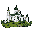 A majestic, multi-domed cathedral rises from a verdant hillside in this striking pixel art image. The building's grand design and muted color palette evoke a sense of historical reverence, emphasized by its isolation against a stark black background.
