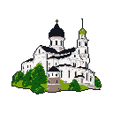 This pixel art depicts a multi-domed Eastern Orthodox church complex, its white walls and dark domes starkly contrasted against a black background. A slender bell tower with a bright green dome rises beside the main structure, evoking a sense of serene grandeur.