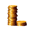 This pixel art showcases two stacks of glistening gold coins, a tall treasure hoard dwarfing a smaller pile. Rendered in classic video game style, the varied gold tones create depth and a tempting allure.