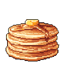 This pixel art image showcases a tempting stack of golden-brown pancakes, complete with a melting pat of butter and a cascade of rich syrup. The warm colors and simple composition create a comforting and nostalgic breakfast scene.