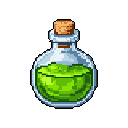 A glowing, lime green potion fills a clear glass bottle sealed with a cork, rendered in detailed pixel art. The vibrant colors and classic design evoke a sense of magic and nostalgia.