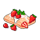 This pixel art showcases a mouthwatering pancake or crepe topped with fresh strawberries, a dollop of cream, and mint sprigs. The vibrant colors of the dessert pop against the stark black background, creating an appetizing and nostalgic treat.