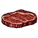 This pixel art showcases a raw steak, complete with visible fat and subtle char marks, rendered in a simple, nostalgic style. The detailed texture and muted color palette make it ideal as a game asset or food icon.