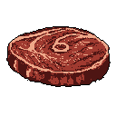This pixel art image showcases a raw, thick-cut steak, rendered in detailed shades of red and pink to capture its marbling and texture. The simple, yet appetizing sprite evokes a retro gaming aesthetic.