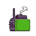 This pixel art depicts a stationary, dark purple and green steam-powered device, complete with pipes, valves, and a smokestack emitting a plume of white smoke. The retro-style machine evokes a sense of industry and mechanical utility.