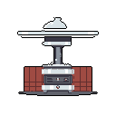 A pixel art image focuses on a portable patio heater with a white reflector, standing starkly against a dark brick wall and black background. The heater's utilitarian design is highlighted by muted colors and a sense of isolation.