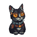 This pixel art features a stylized, dark-furred cat with striking orange eyes and glowing orange accents. It wears a detailed collar with a bell-like charm, lending it a touch of cyberpunk or steampunk flair.
