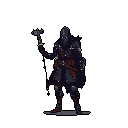 A solitary, masked warrior stands ready in this pixel art image, gripping a mallet-like weapon and exuding an aura of grim determination. The dark, desaturated tones and minimalist ground emphasize the figure's formidable presence and mysterious nature.