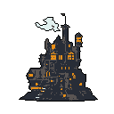 This pixel art image features a mysterious, gothic mansion with glowing windows rising against a stark black backdrop. The solitary building, with its eerie charm and limited color palette, evokes a sense of fantasy and classic horror.