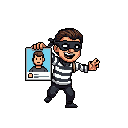 A pixelated burglar grins mischievously, holding up a wanted poster featuring a simpler pixel art portrait. The high-contrast design and playful pose create a lighthearted vibe against a black background.