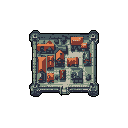 This pixel art depicts an isolated, walled village rendered in muted tones from an overhead isometric perspective. The fortified settlement, with its detailed buildings and pathways, evokes a sense of quiet solitude and classic strategy game maps.