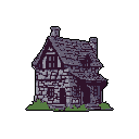 This pixel art showcases a solitary, rustic stone cottage with intricate architectural details, rendered in a muted purple-gray palette. The aged two-story house, complete with a steeply pitched roof and dark windows, evokes a sense of quiet solitude and old-world charm.
