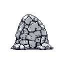 This pixel art features a carefully rendered pile of light-colored rocks, creating a cairn-like structure. The monochromatic palette and stark black background emphasize the isolated and quiet nature of the formation.