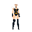 A confident, retro-style pixel art woman in a dark bodysuit with gold accents stands tall against a black backdrop. Her white hair and pale skin create a striking contrast.