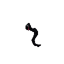 A stylized, black, snake-like creature with a single white eye and a shockingly pink mouth rears up in this pixel art image. The creature's contorted, S-shaped body and open mouth create a sense of unsettling movement.