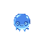 A cute, blue blob-like creature with a curious expression floats in the darkness. Its simple form and bright eyes give it a friendly yet slightly mysterious vibe.