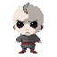 This pixel art features a melancholic, grey-skinned child with hollow eyes against a black backdrop. The character's somber expression and muted colors create an unsettling yet captivating image.