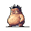 This pixel art features a squat, earthy-toned humanoid creature with a vacant expression. Its slightly grotesque and comical appearance, complete with bulging eyes and a downturned mouth, creates an unsettling yet intriguing image.