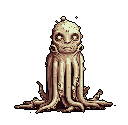 An ancient, weathered stone statue depicts a bizarre fusion of alien and octopus, its vacant gaze and draped tentacles radiating an unsettling aura of forgotten power.