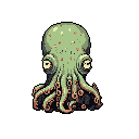 This pixel art features a stylized, pale green octopus with large eyes and densely packed tentacles against a stark black background. The muted, earthy tones and close-up view create an intriguing and slightly unsettling feel.