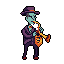 A stylized pixel art character with muted blue-green skin passionately plays a saxophone, their purple suit and hat adding to the mysterious and nostalgic jazz vibe against a stark black backdrop.