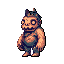 A pixelated, grinning troll-like creature with empty eye sockets and a rough, bone-protruding texture stands ominously against a black backdrop. The muted orange, blue, and purple color palette enhances its eerie and primitive appearance.