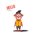 This pixel art features a cartoonish character with a wide grin and reddish complexion, cheerfully shouting "HELLO!" The simple design and manic expression create a slightly unsettling vibe.