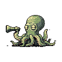 A curious pixel art octopus, rendered in muted tones, gazes through a telescope, its whimsical form popping against a stark black backdrop.