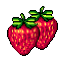 A charming pixel art image showcases two plump, ripe strawberries rendered in vibrant shades of red and green. The simple yet appealing design emphasizes their freshness and natural sweetness.