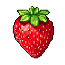 A vibrant pixel art strawberry pops against a stark black background, showcasing its ripe red body and verdant green cap in delightful detail. The simple yet appealing design highlights the fruit's texture and natural goodness.