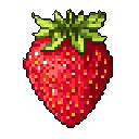 A pixelated strawberry, ripe and red with vibrant green leaves, pops against a stark black backdrop in this nostalgic, digital art piece. The classic fruit is rendered in charming pixelated detail, highlighting its sweetness and natural appeal.