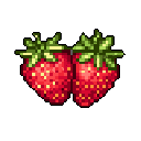 This pixel art features two vibrant strawberries, rendered in bright reds, greens, and yellows, showcasing the fruit's texture and detail. The simple, yet appealing design evokes a sense of freshness and retro charm.