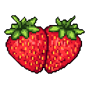 Two vibrant pixel art strawberries, rendered in lush reds and greens, touch to form a subtle heart shape. The simple yet appealing design highlights the freshness and sweetness of the fruit.