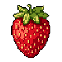 A pixelated strawberry, rendered in vibrant reds and greens, pops against a stark black background with retro gaming charm.