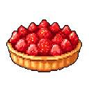 A mouthwatering pixel art strawberry tart, bursting with color and detail, is showcased in delicious isolation. The vibrant red berries and golden-brown crust pop against the stark black background, evoking a charming, retro vibe. It's a simple yet delightful celebration of a classic dessert.