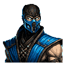 This pixel art image captures the icy intensity of Sub-Zero from Mortal Kombat, showcasing his glowing blue eyes and iconic mask in a retro style. The cool tones and focused expression emphasize his formidable power.