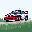 This pixel art image captures a vibrant red and white rally car in action, speeding across a blocky track. The energetic design and bold colors evoke a nostalgic feel reminiscent of classic arcade racing games.