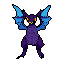 A menacing, purple bat-like monster with glowing yellow eyes and striking blue wings stands ready for flight. This pixelated creature, reminiscent of retro game sprites, exudes a sense of ominous power.