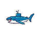 This pixel art features a playful, submarine-inspired shark with a periscope on its back. The blue and white "shark-marine" swims forward, teeth bared, in a humorous blend of nature and machine.