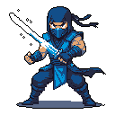 A pixelated ninja warrior, clad in blue, strikes a powerful stance with a glowing, electric-blue sword. The intense figure, masked and ready for action, exudes an aura of mystery and strength.