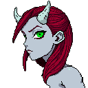 This pixel art bust features a striking demon with piercing green eyes and reddish-purple hair, rendered in cool grays and set against a stark black backdrop. The profile view captures a focused and slightly menacing expression, hinting at subtle power and intensity.