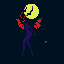 A tall, dark purple figure with bright red, wing-like appendages strikes a dynamic pose, topped with a large, unsettling yellow smiley face. The high-contrast pixel art creates an eerie yet whimsical character against a dark background.