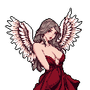 A captivating pixel art angel with striking crimson eyes and flowing red gown strikes a seductive pose against a stark black backdrop. Her large, feathered wings frame her alluring figure, creating an air of mysterious beauty and dark fantasy.