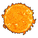 This pixel art image showcases a vibrant, glowing star with fiery flares against a stark black background, capturing the immense power and energy of a celestial body in deep space. The warm hues of orange and yellow emphasize the star's luminosity and create a sense of cosmic awe.