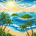 This pixel art scene captures a serene tropical beach with bright sun, lush islands, and gentle waves. Palm trees frame the idyllic landscape, evoking the warmth and beauty of a perfect vacation getaway.