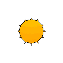 This pixel art presents a radiant, simplified sun glowing intensely against a black void. Orange and yellow hues create depth and convey warmth, while pixelated rays emanate from its surface, capturing the essence of cosmic energy.