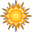 This pixel art depicts a vibrant, stylized sun with fiery orange and yellow rays, radiating power and energy. The simple yet striking design captures the sun's essential role as a source of intense light and heat.