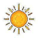 A radiant pixel art sun bursts forth in shades of orange and yellow, its textured disc and vibrant rays creating a powerful and energetic image.